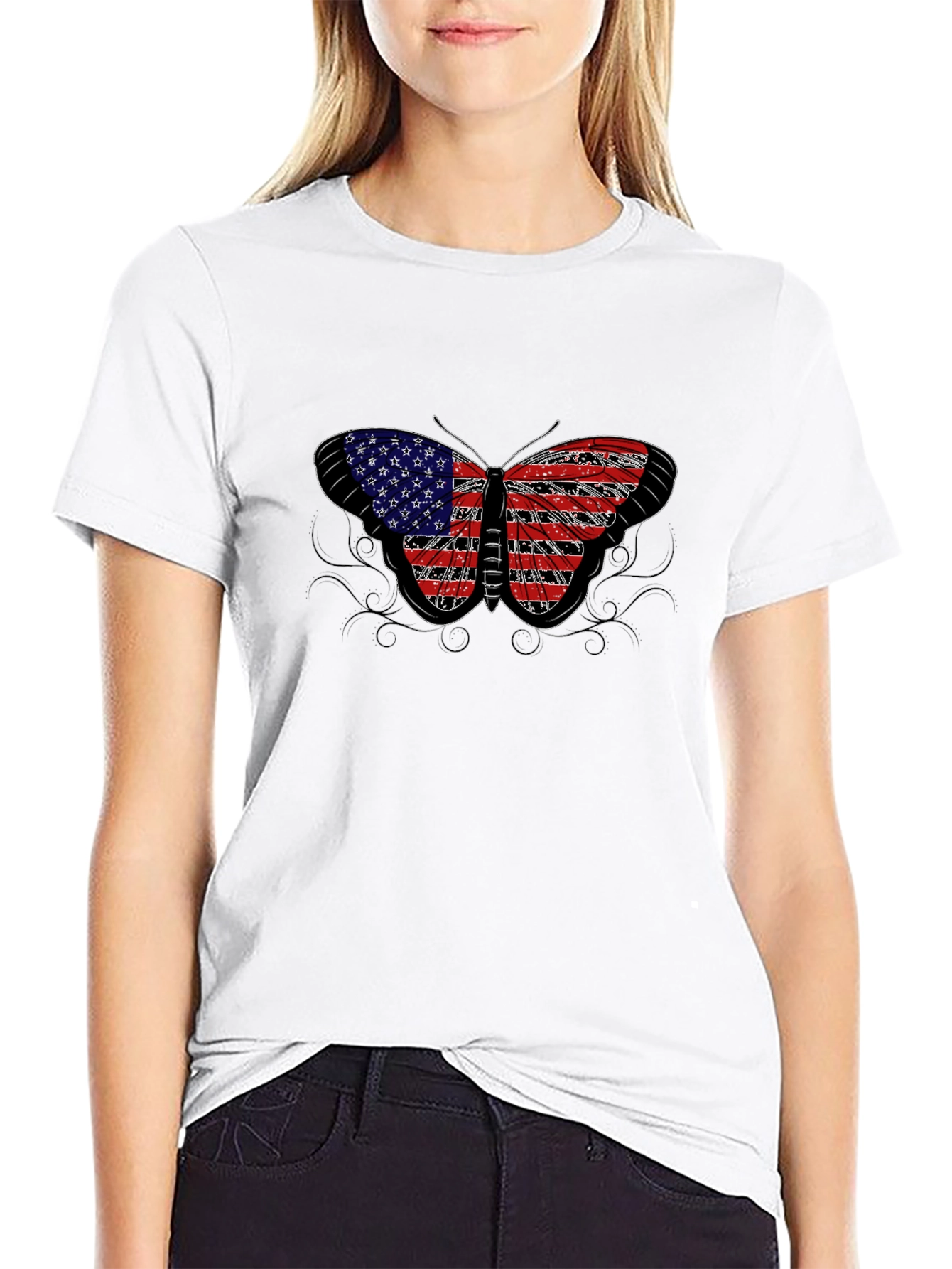 American Flag Butterfly Black T-Shirt