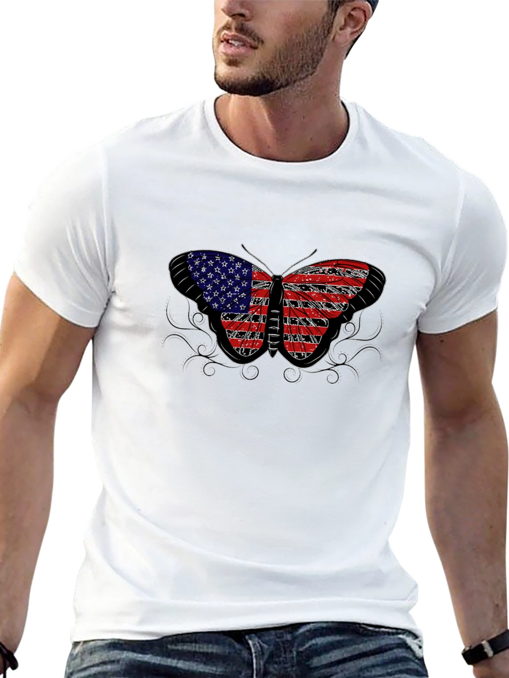 American Flag Butterfly Black T-Shirt