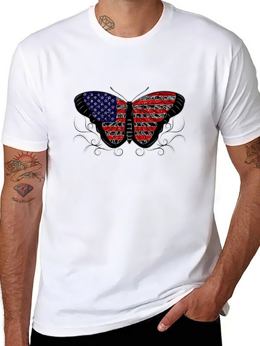 American Flag Butterfly Black T-Shirt