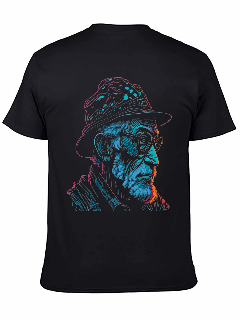 Neon Art Old Man Graphic Print Black T-Shirt