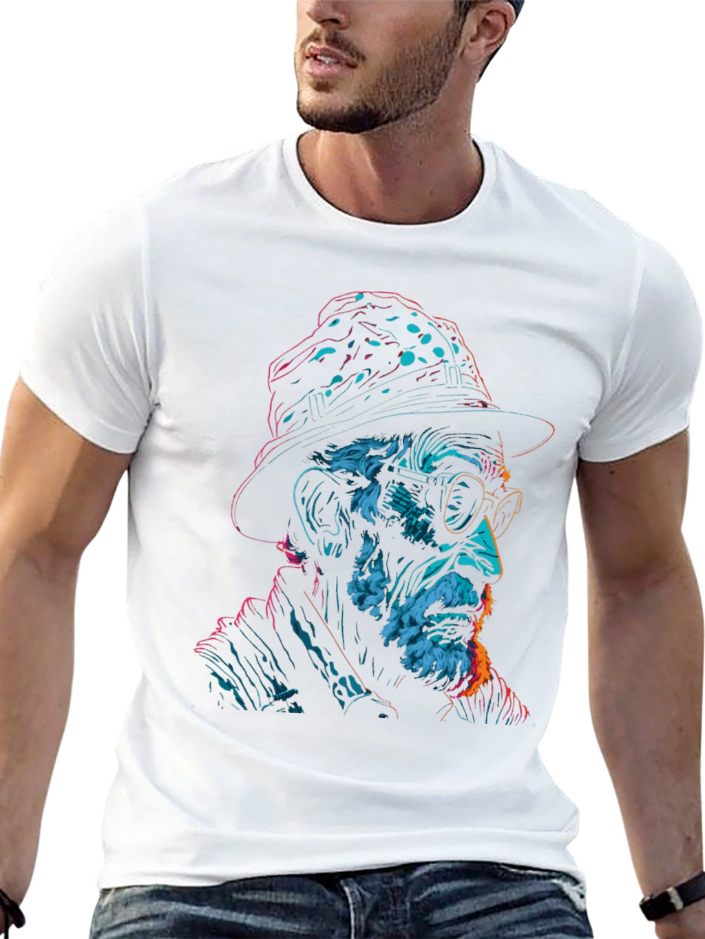 Neon Art Old Man Graphic Print Black T-Shirt