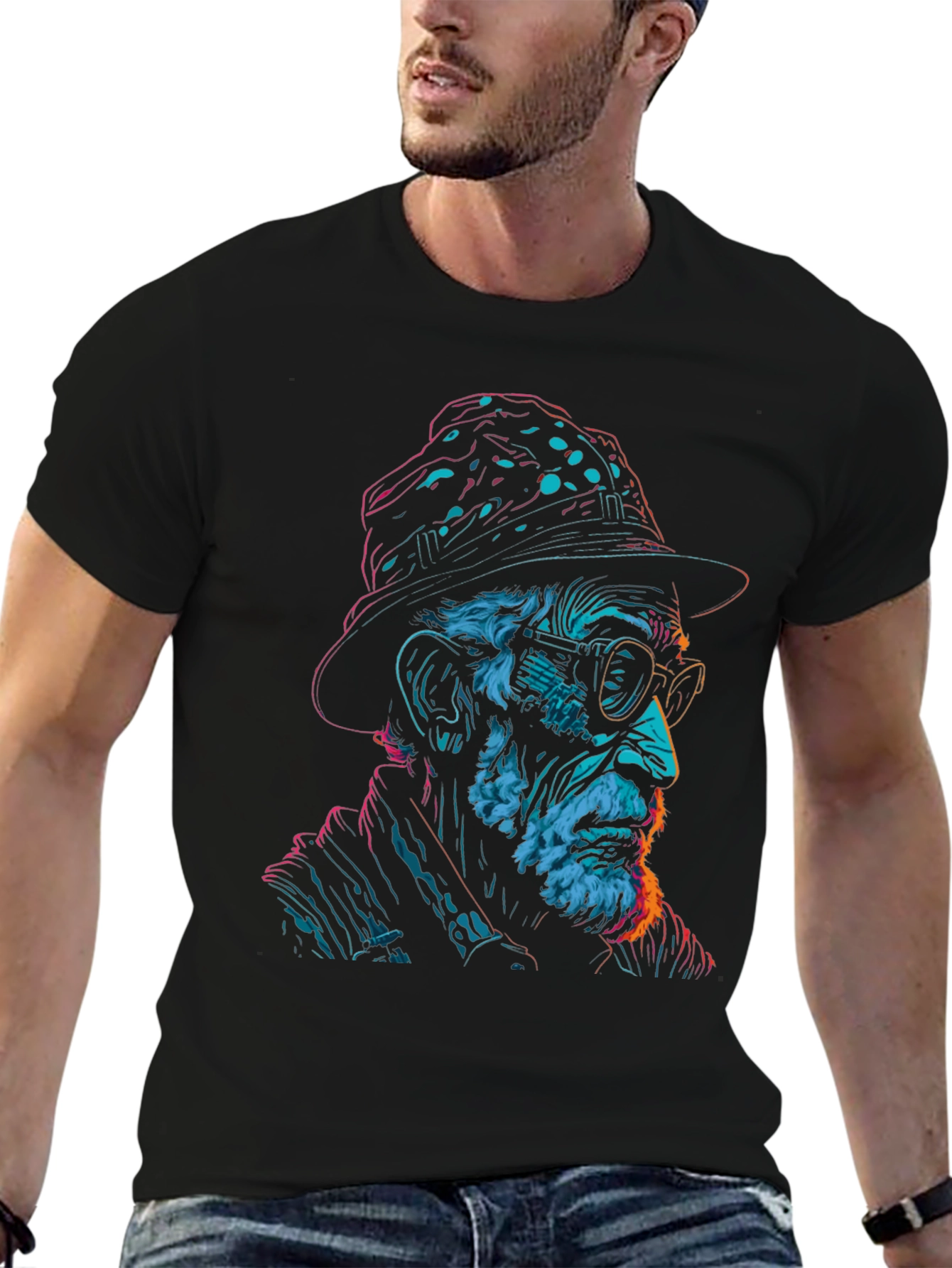 Neon Art Old Man Graphic Print Black T-Shirt