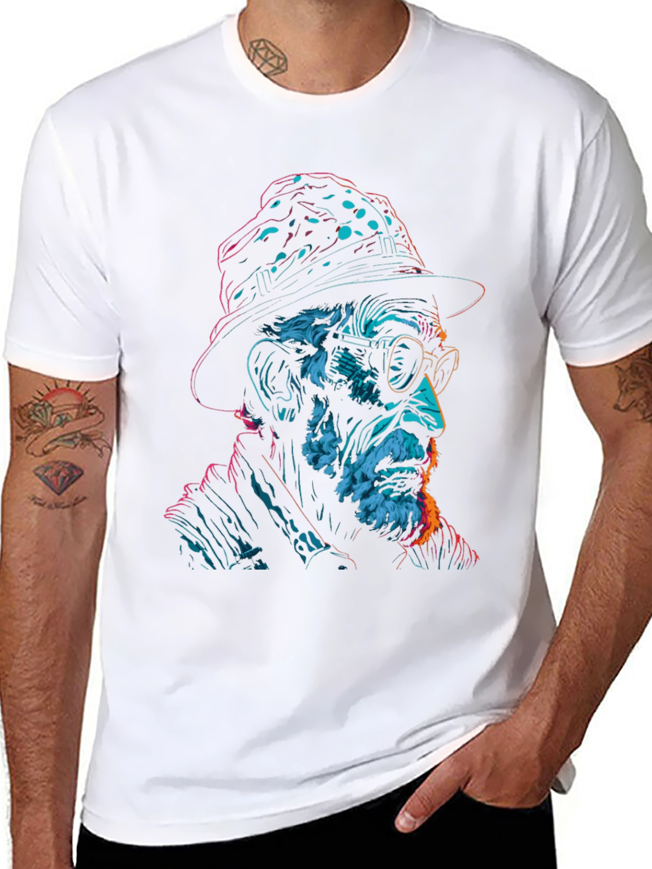 Neon Art Old Man Graphic Print Black T-Shirt