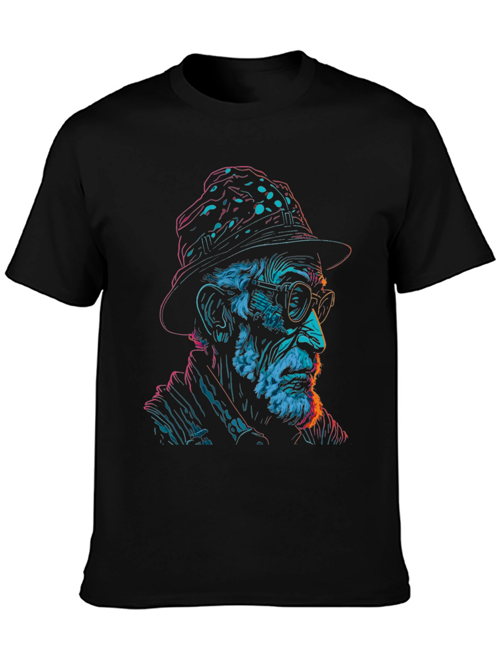 Neon Art Old Man Graphic Print Black T-Shirt