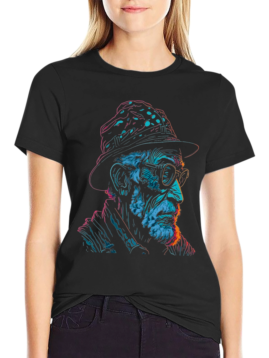 Neon Art Old Man Graphic Print Black T-Shirt