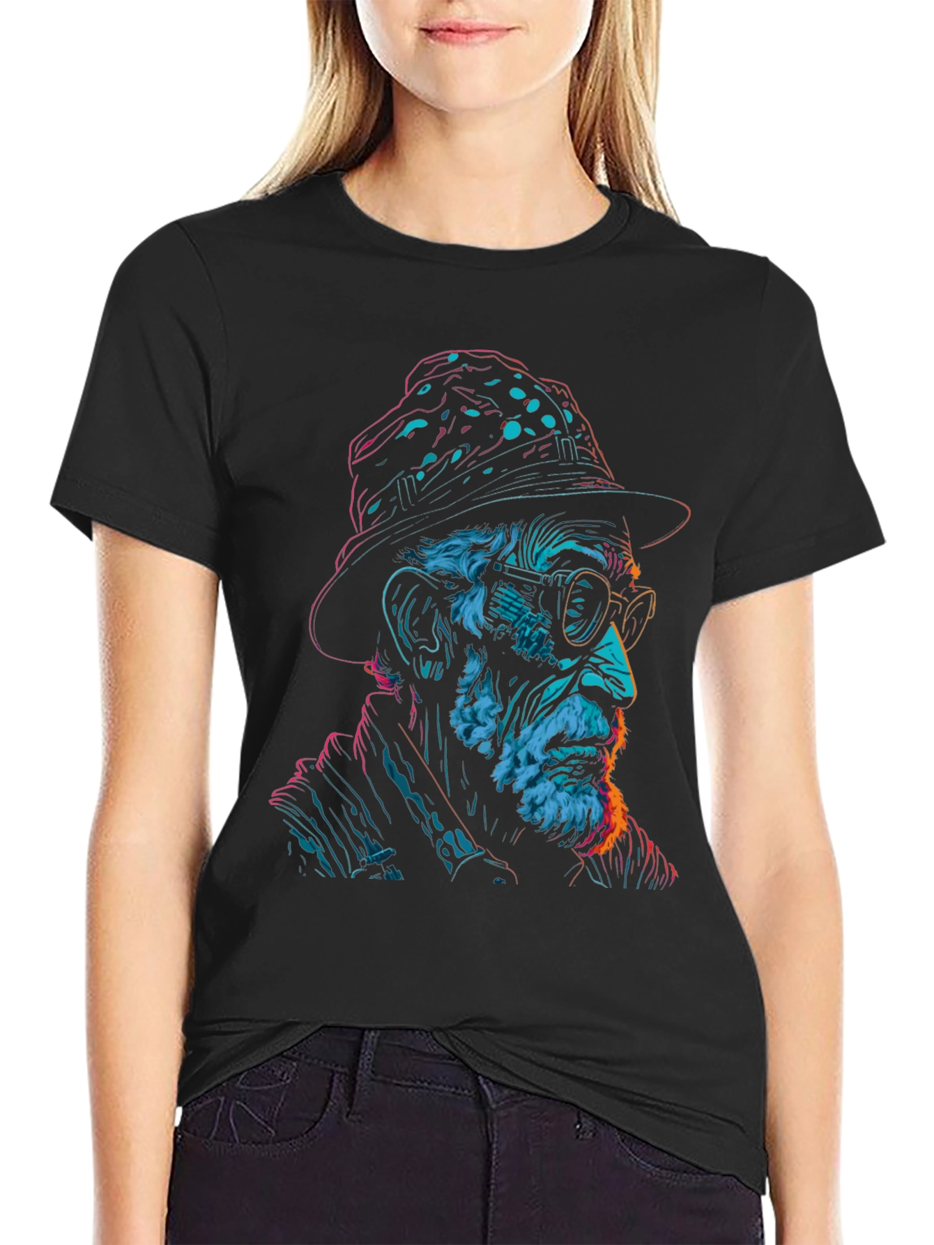 Neon Art Old Man Graphic Print Black T-Shirt
