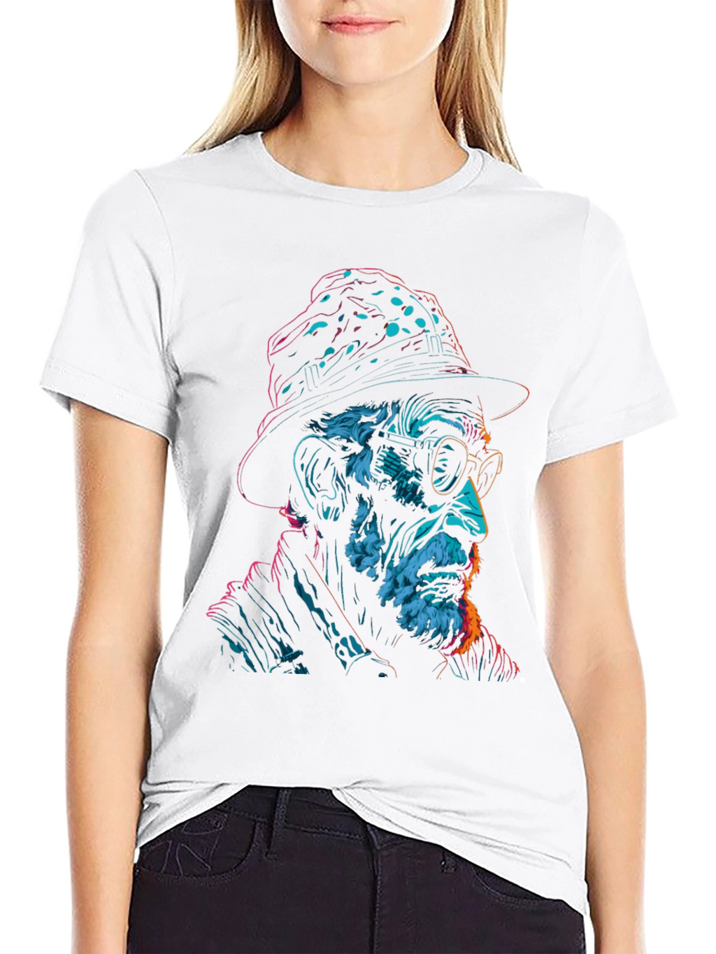 Neon Art Old Man Graphic Print Black T-Shirt