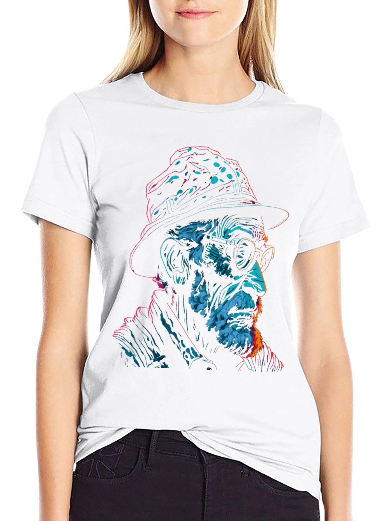 Neon Art Old Man Graphic Print Black T-Shirt
