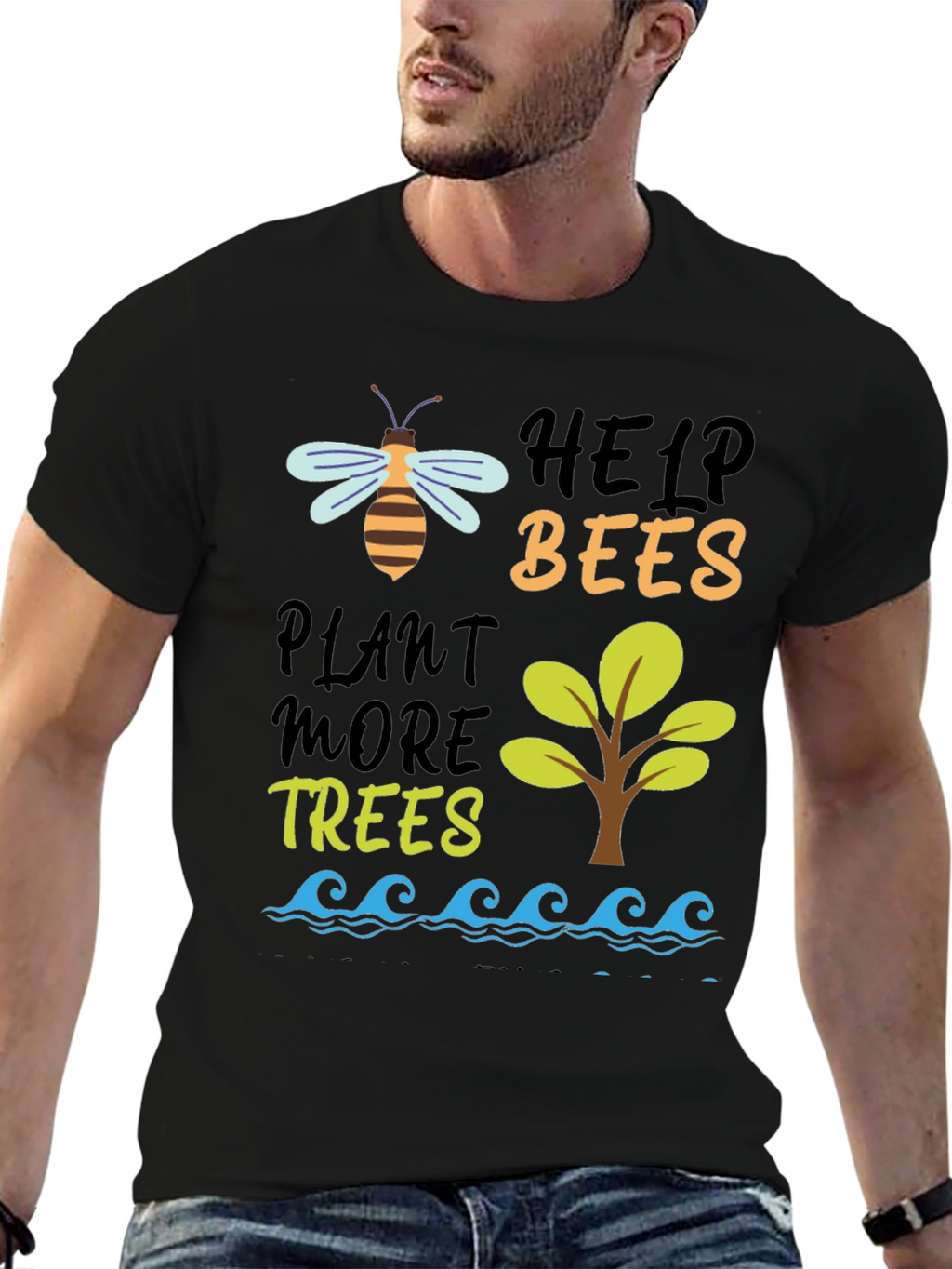 Help Bees Plant Trees Black T-Shirt