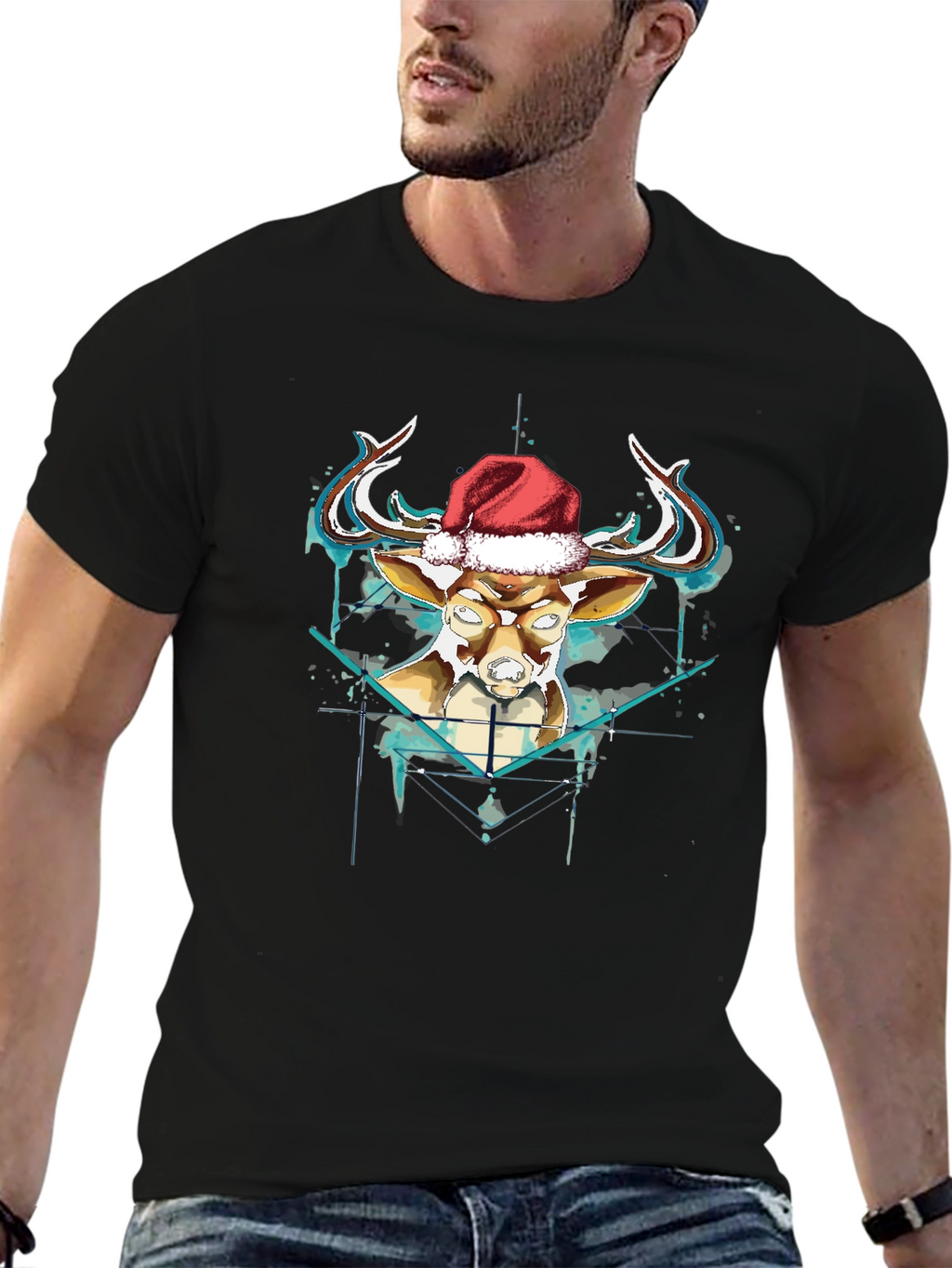 Festive Reindeer Graphic Tee - Black
