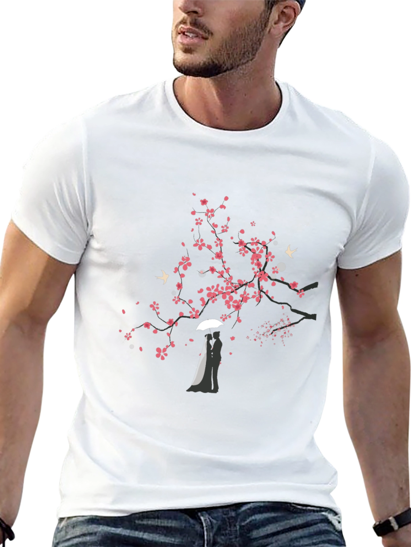 Romantic Sakura Tree Graphic Tee - Black