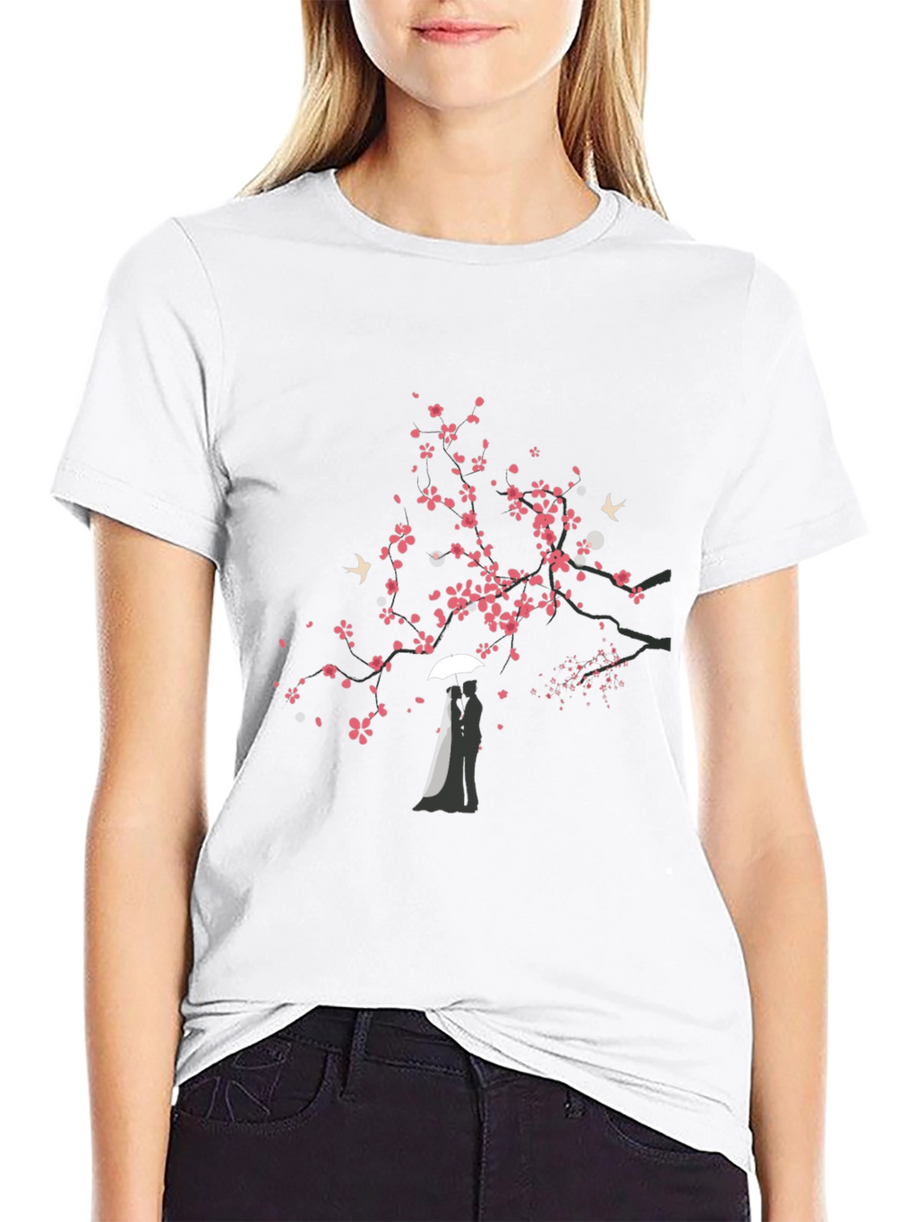 Romantic Sakura Tree Graphic Tee - Black