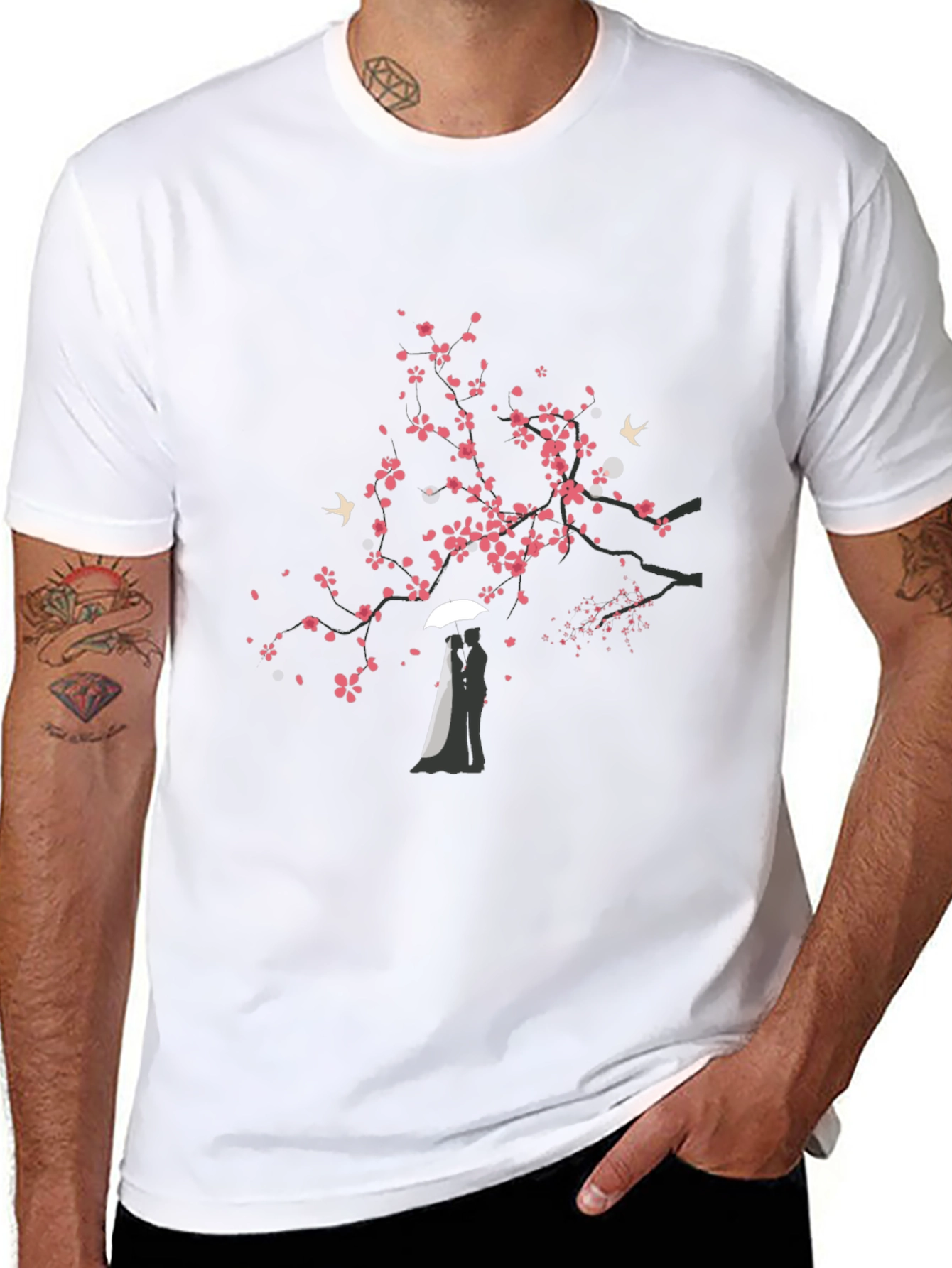 Romantic Sakura Tree Graphic Tee - Black