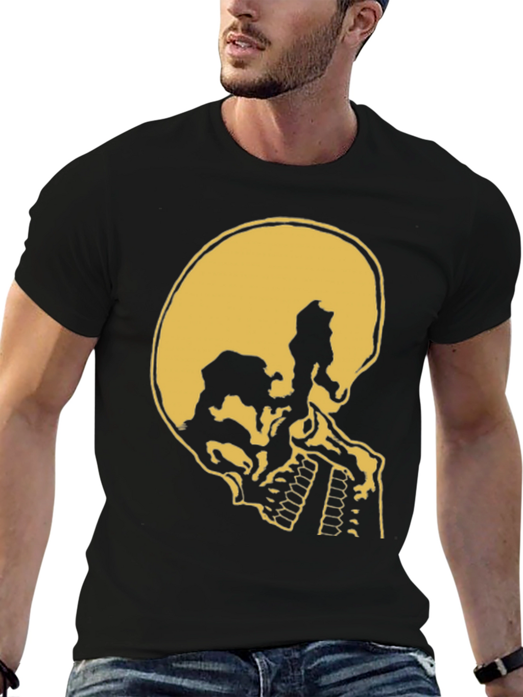 Skull Silhouette Graphic Tee - Black Cotton Casual Shirt