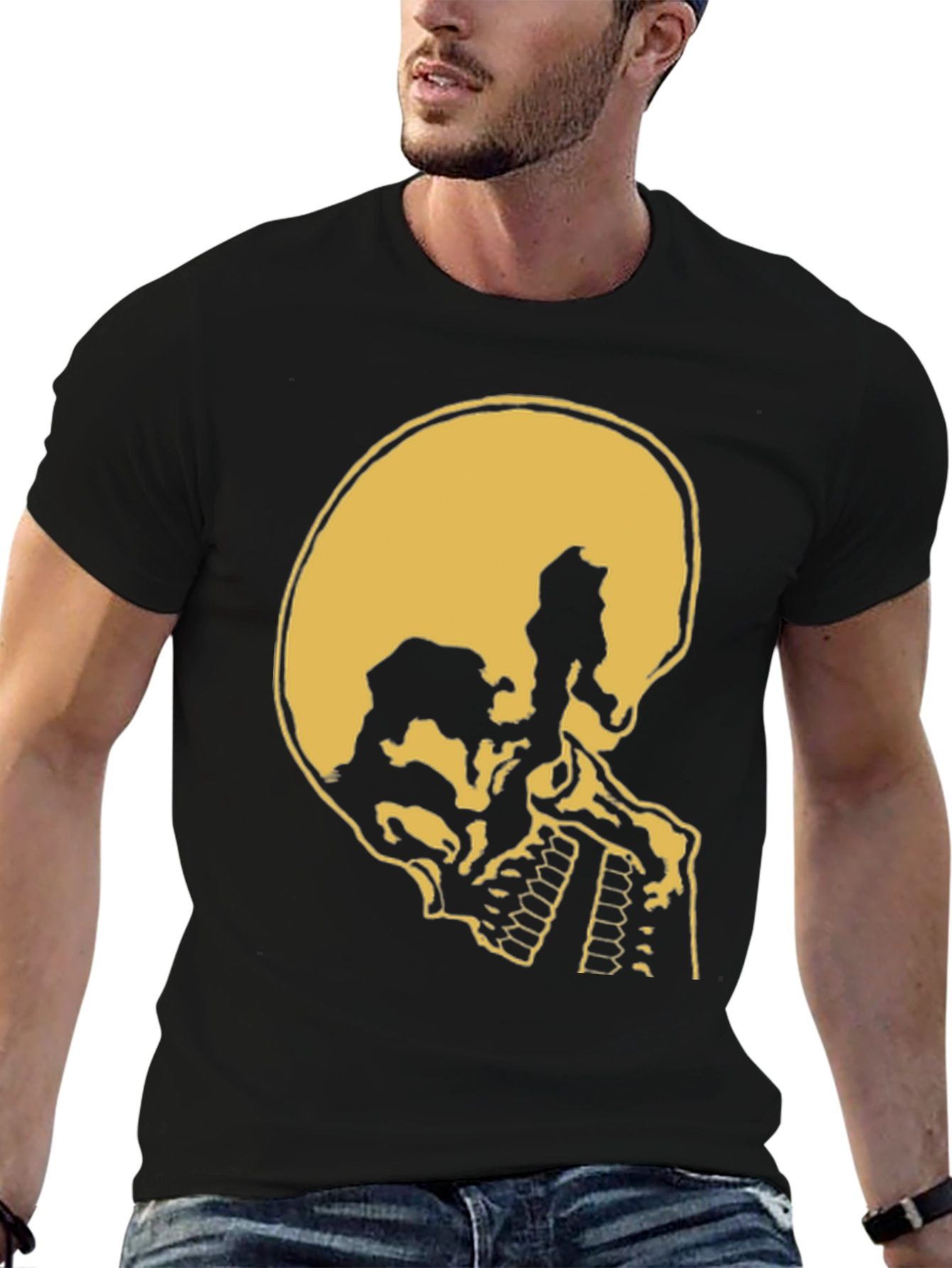 Skull Silhouette Graphic Tee - Black Cotton Casual Shirt