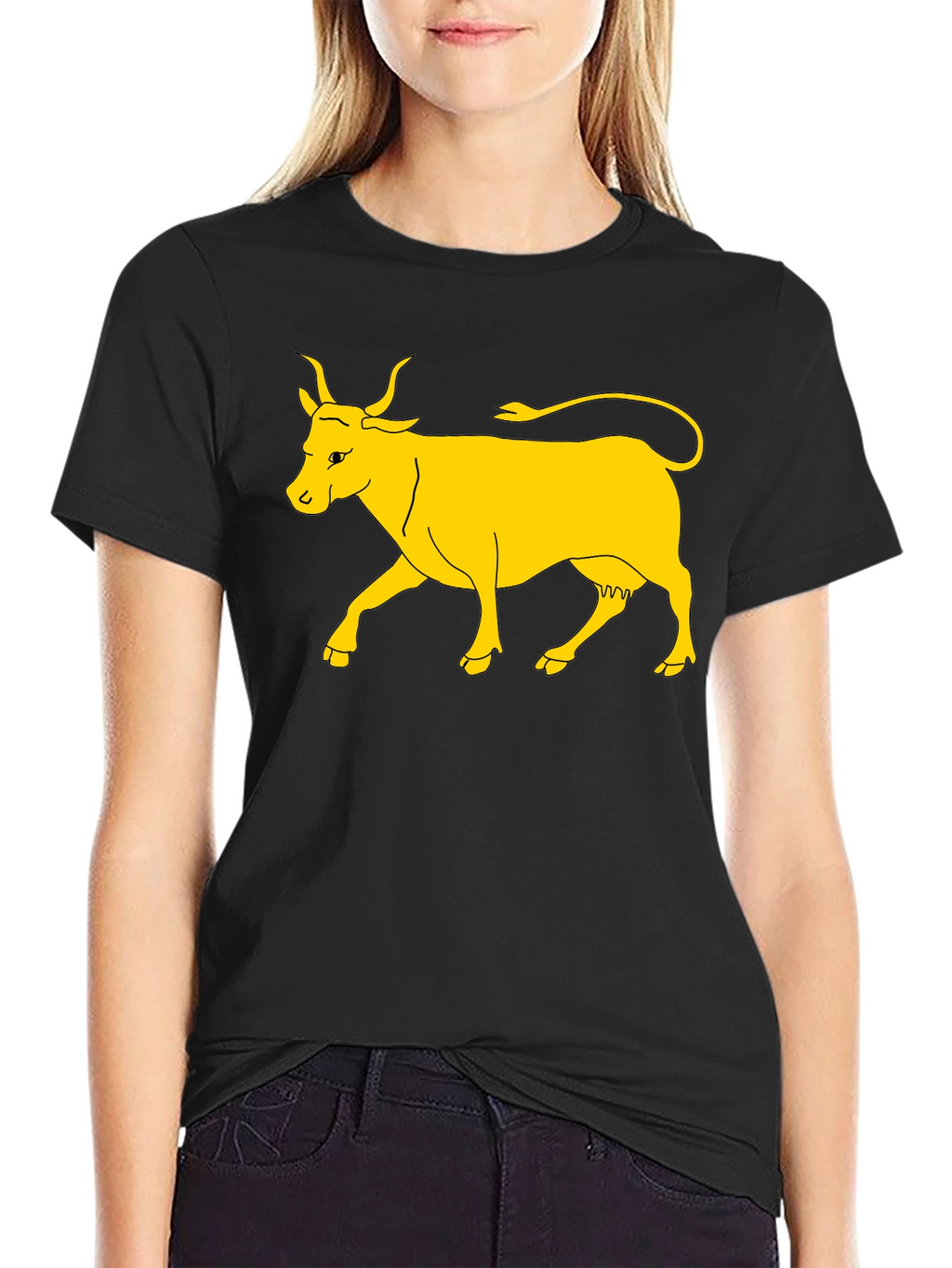 Black T-Shirt with Yellow Cow Graphic
