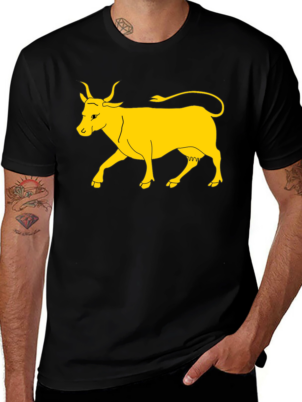 Black T-Shirt with Yellow Cow Graphic
