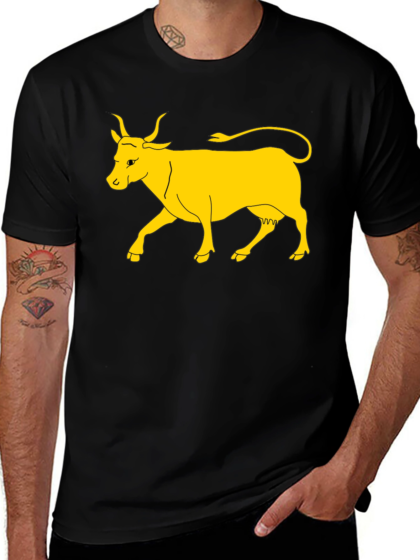 Black T-Shirt with Yellow Cow Graphic