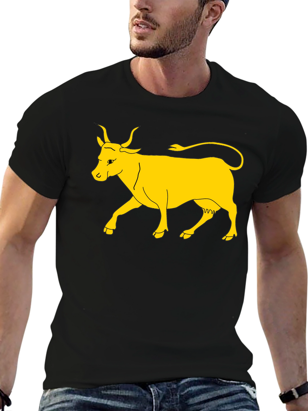 Black T-Shirt with Yellow Cow Graphic