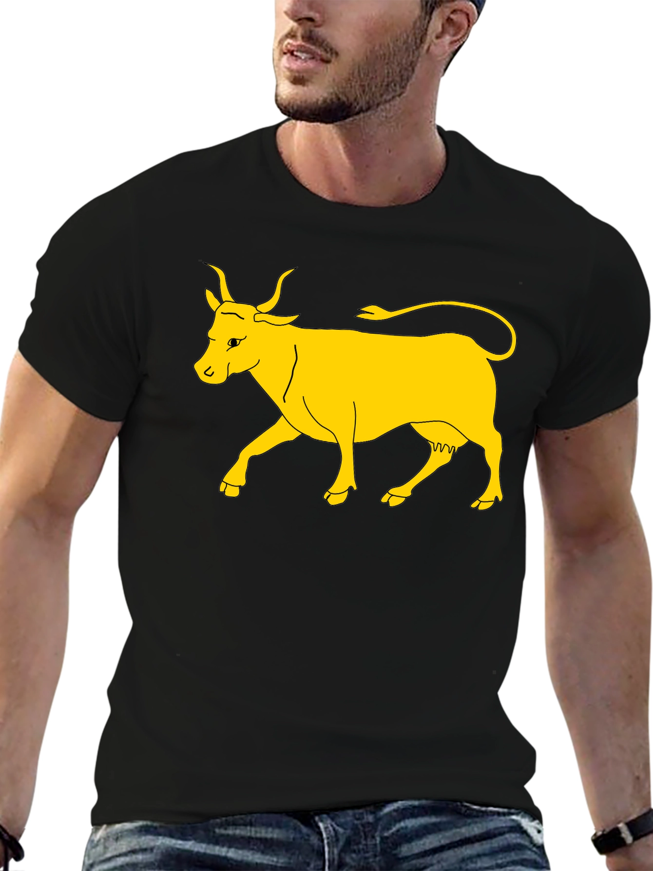 Black T-Shirt with Yellow Cow Graphic