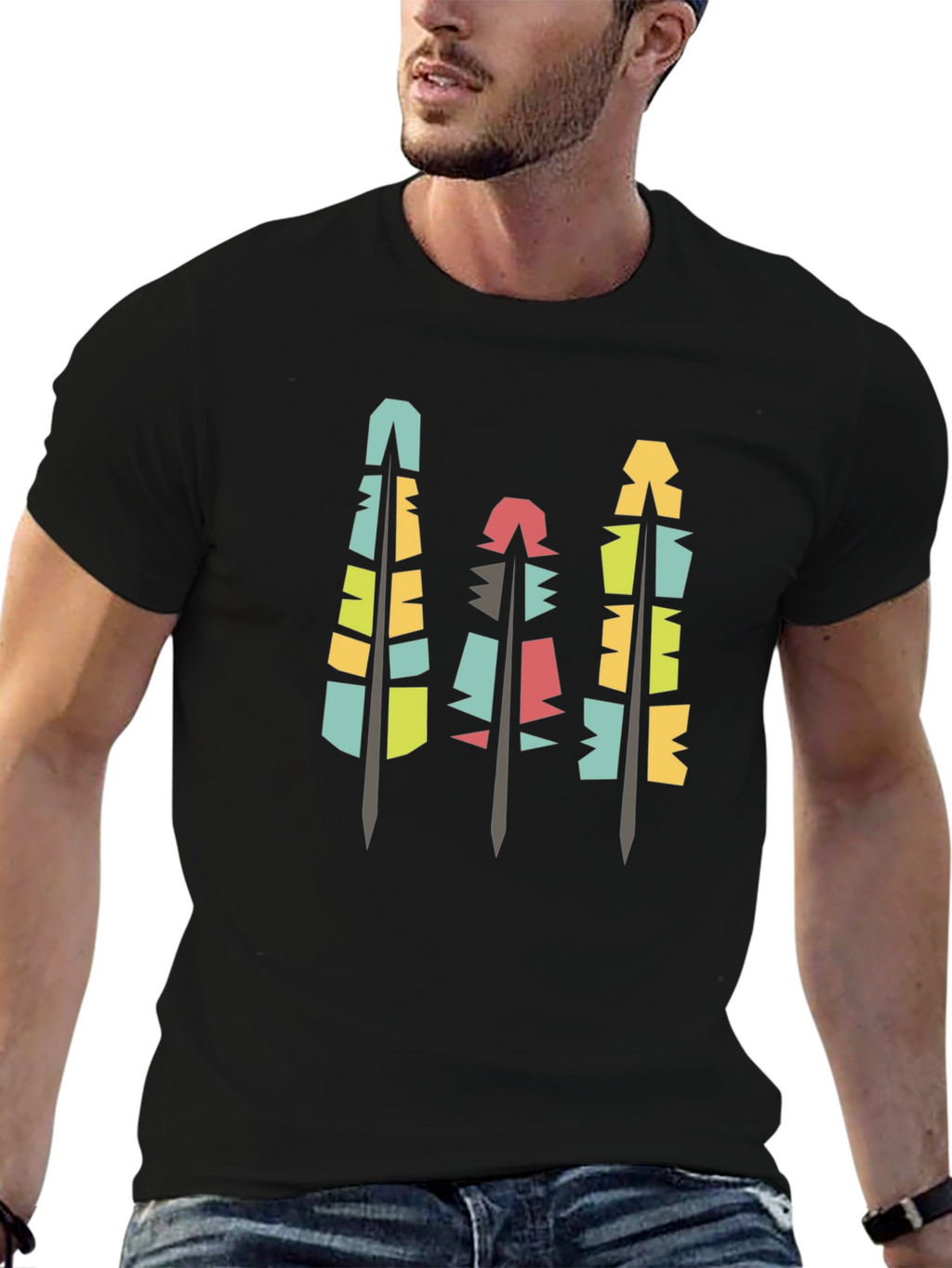 Modern Geometric Feathers Black T-Shirt