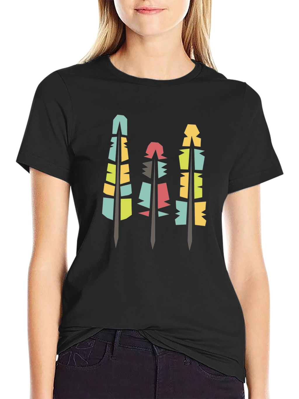 Modern Geometric Feathers Black T-Shirt