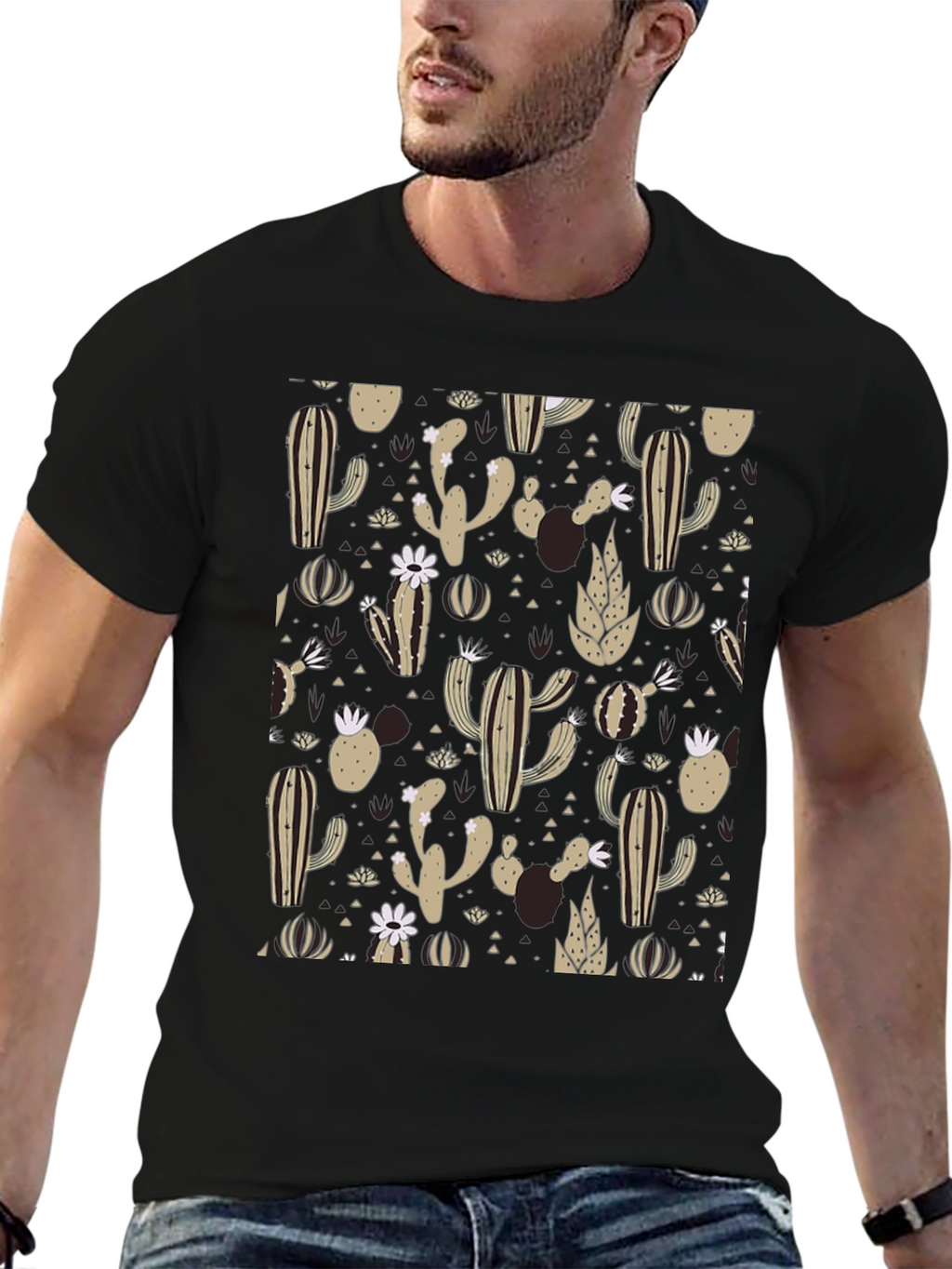 Cactus Pattern Black T-Shirt