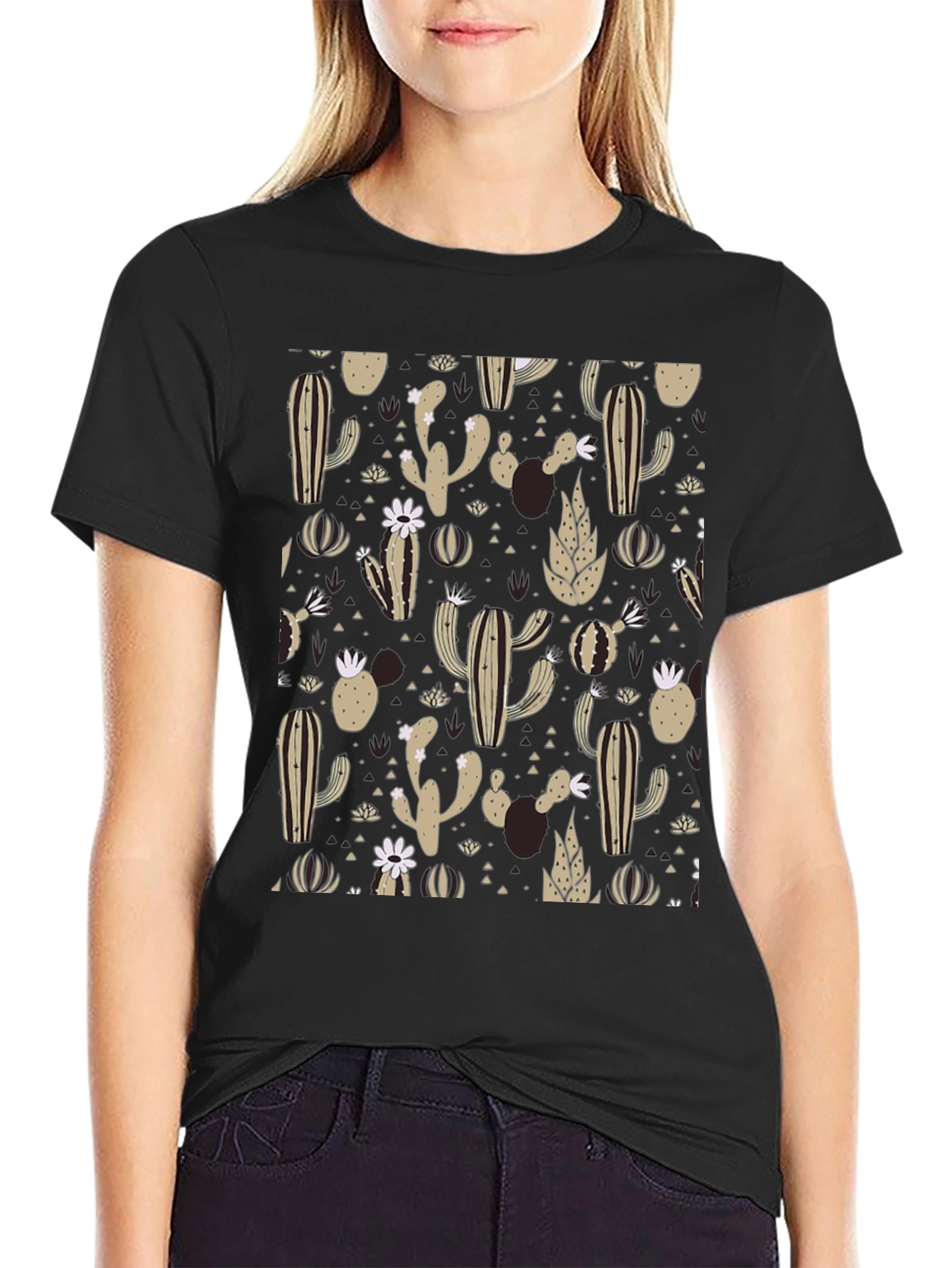 Cactus Pattern Black T-Shirt