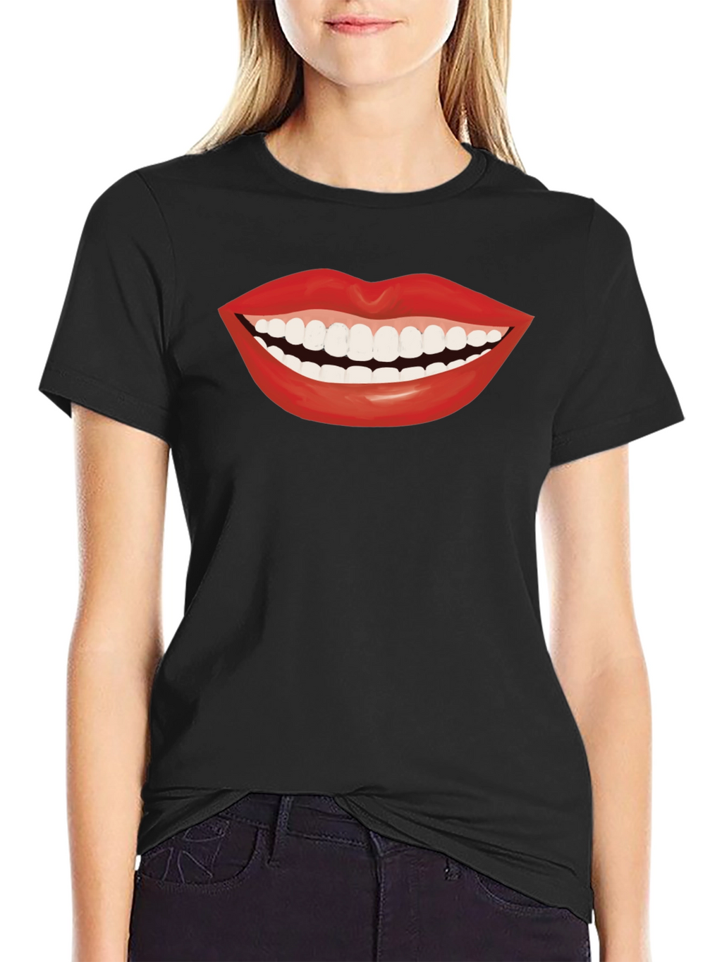 Smiling Lips Graphic T-Shirt - Casual Black Tee