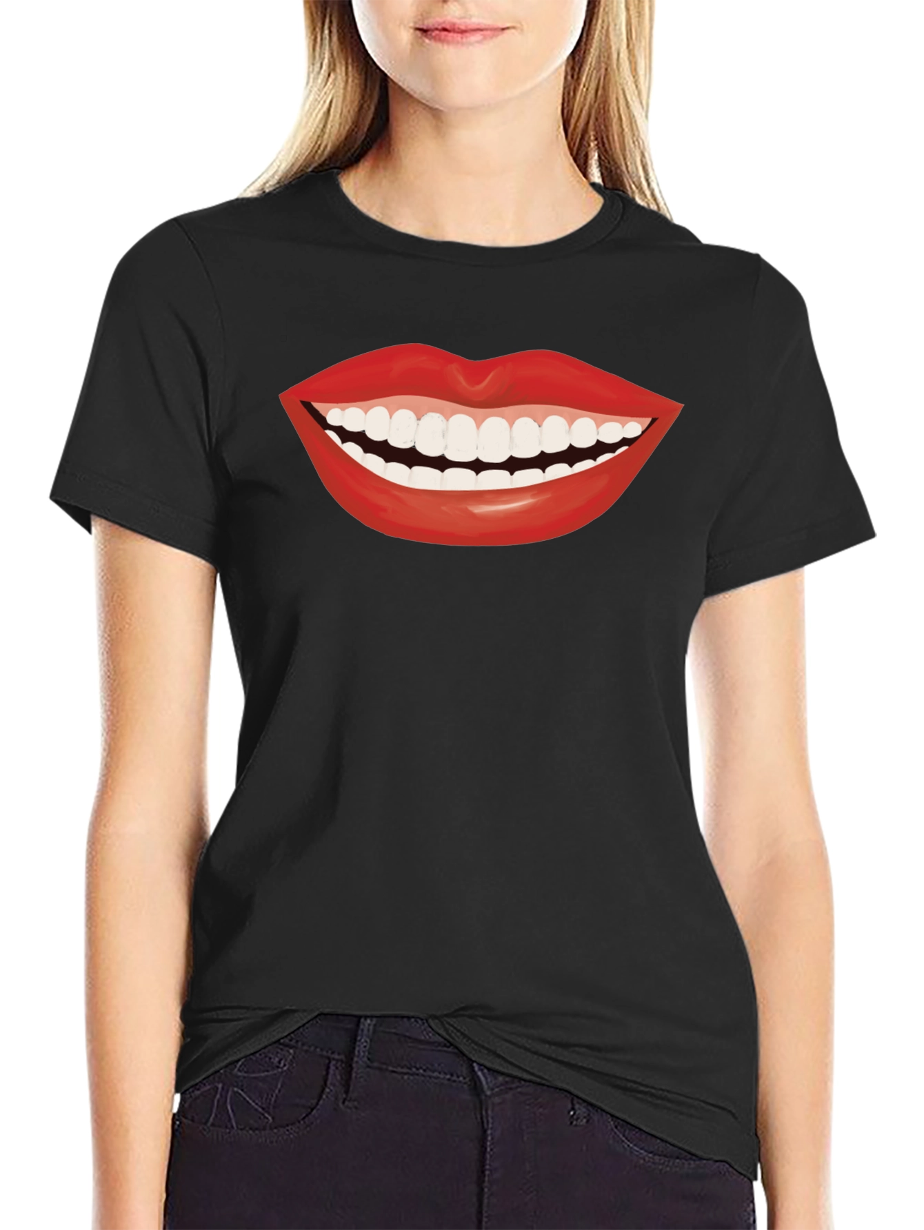 Smiling Lips Graphic T-Shirt - Casual Black Tee