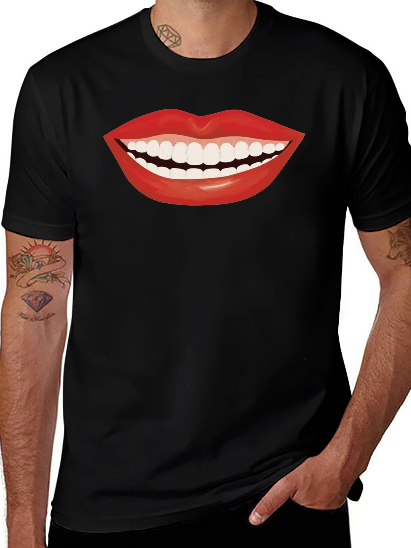Smiling Lips Graphic T-Shirt - Casual Black Tee