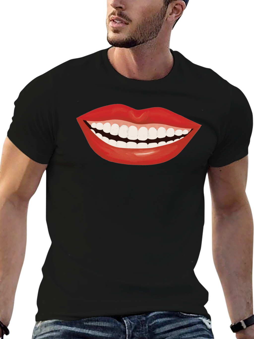 Smiling Lips Graphic T-Shirt - Casual Black Tee