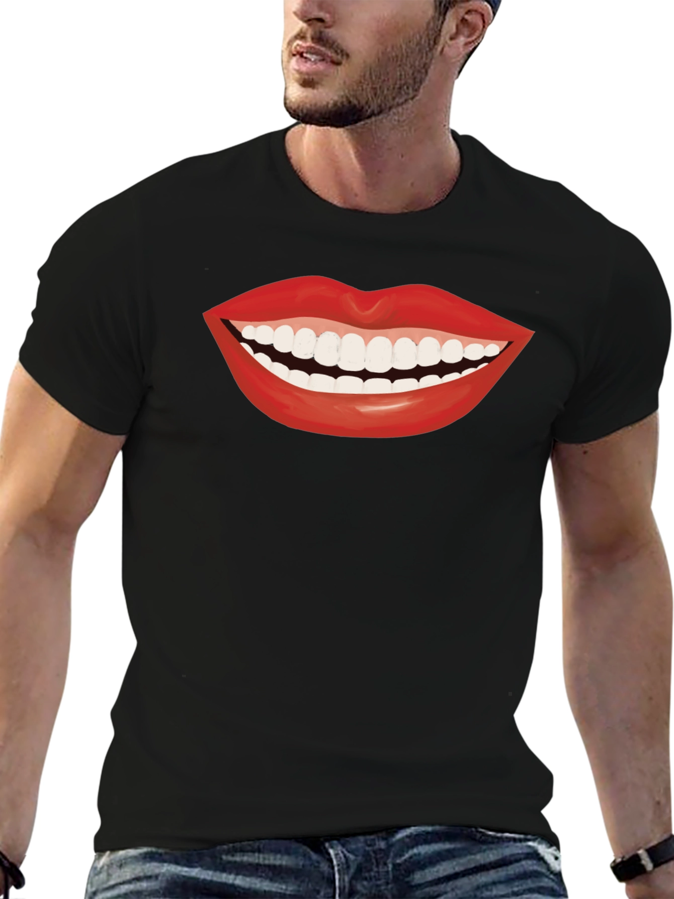 Smiling Lips Graphic T-Shirt - Casual Black Tee