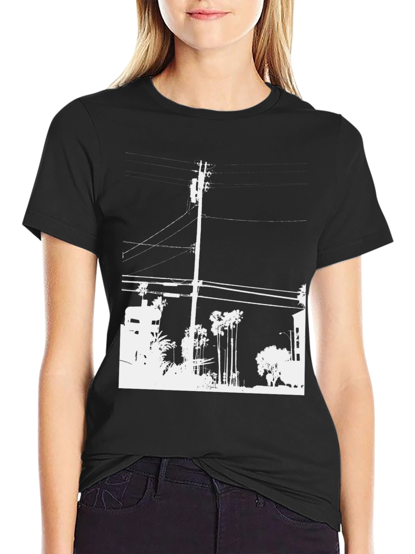Black Graphic Tee - White Cityscape Design