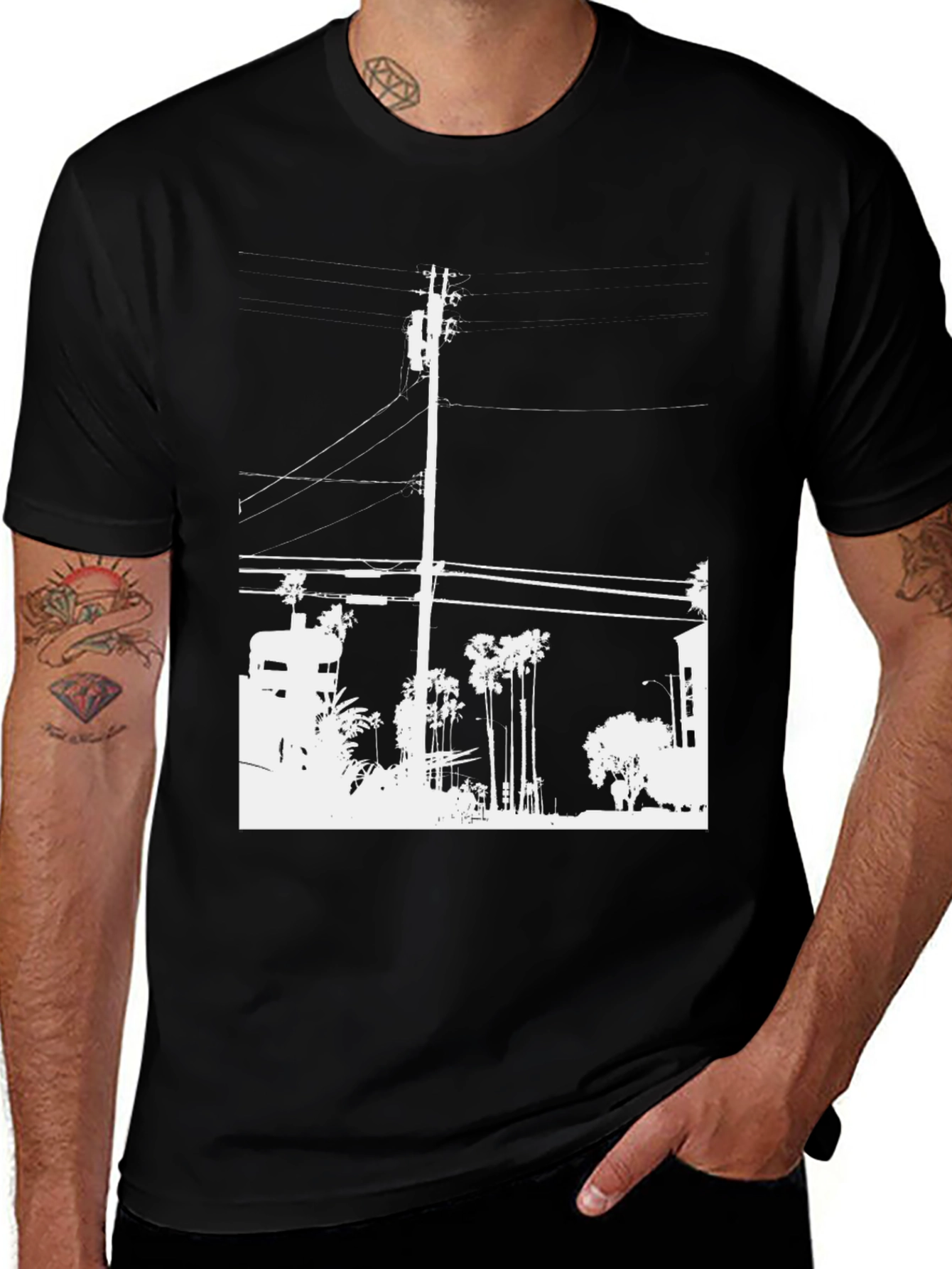 Black Graphic Tee - White Cityscape Design