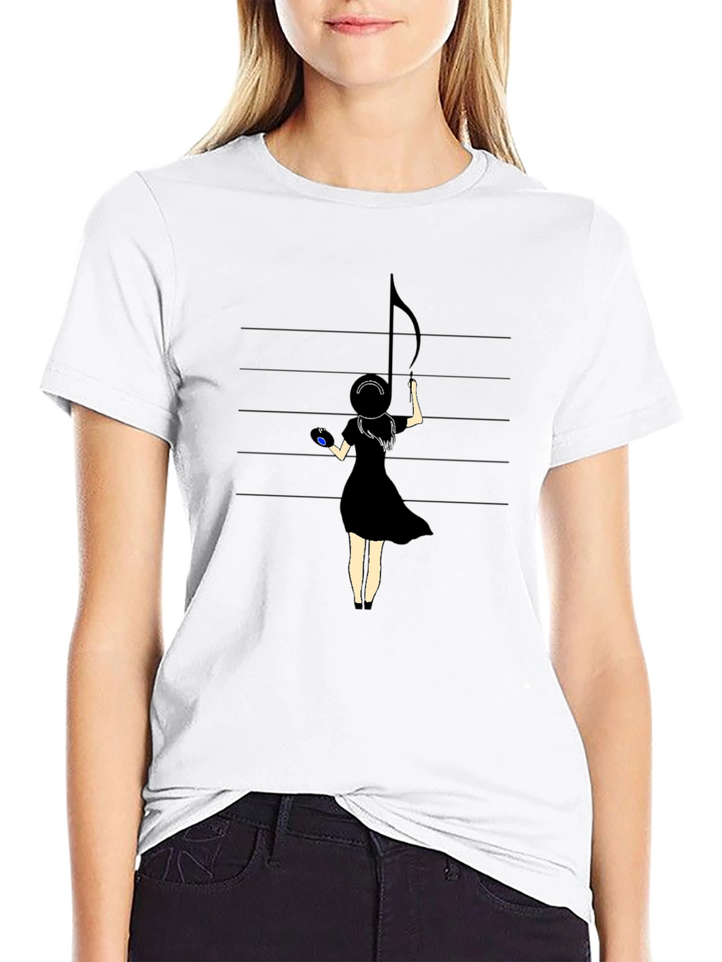 Music Note Girl Graphic Black T-Shirt