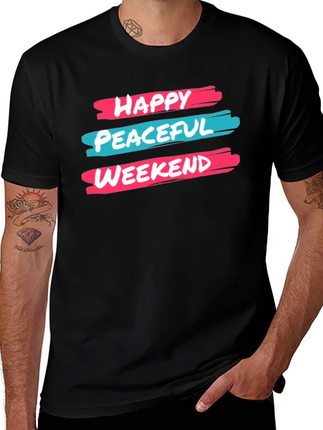 Happy Peaceful Weekend T-Shirt Graphic Design Black Cotton Casual