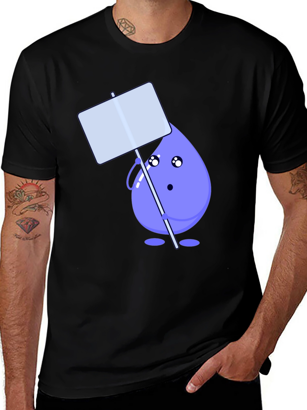 Cute Water Drop Holding Sign Black T-Shirt