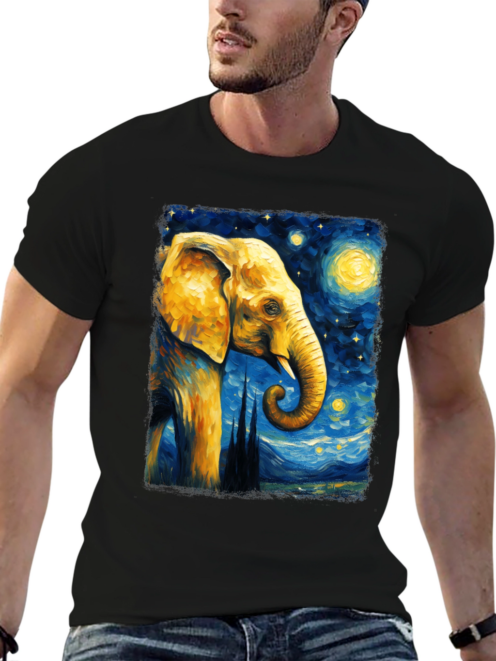 Starry Night Elephant Graphic T-Shirt - Unique Art Tee