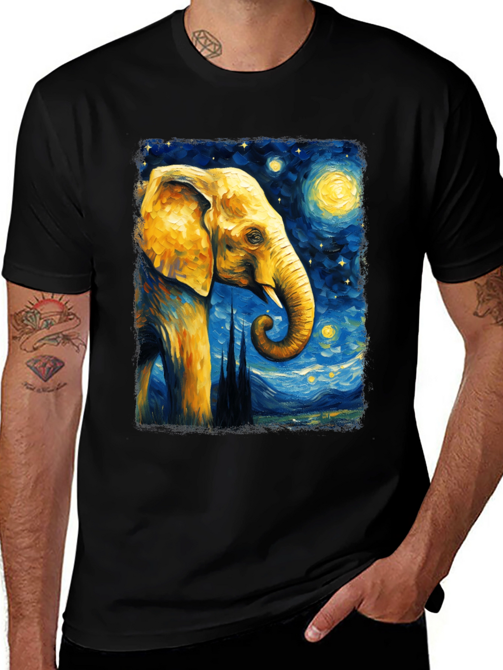 Starry Night Elephant Graphic T-Shirt - Unique Art Tee