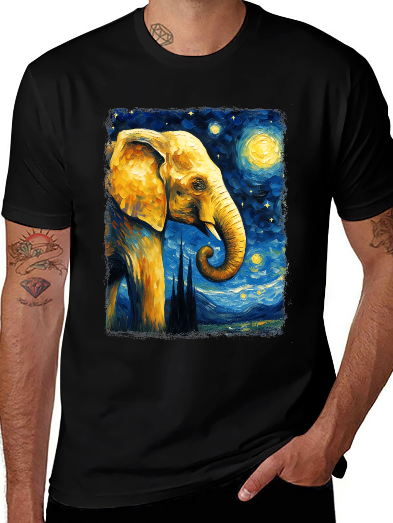 Starry Night Elephant Graphic T-Shirt - Unique Art Tee