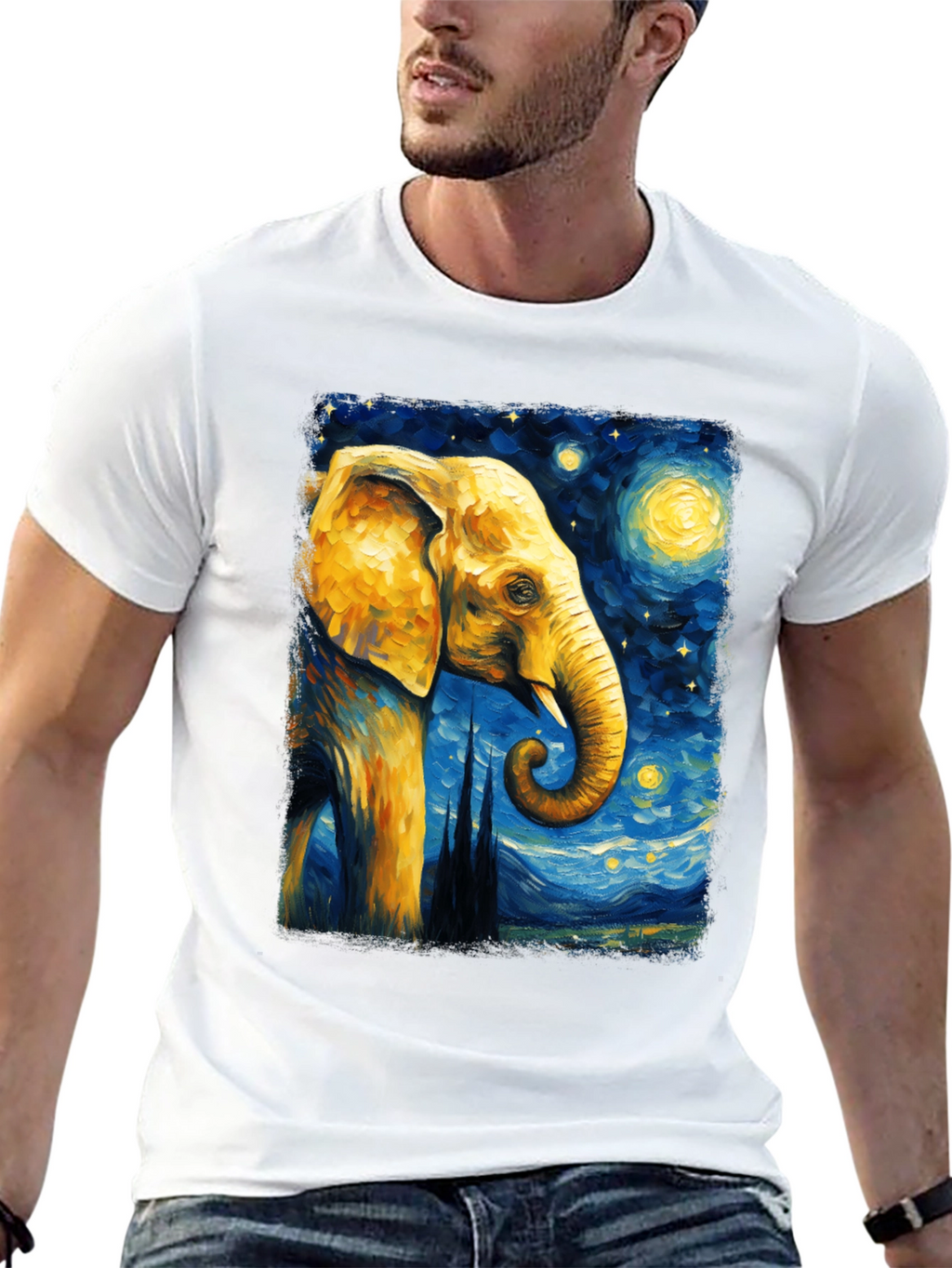 Starry Night Elephant Graphic T-Shirt - Unique Art Tee