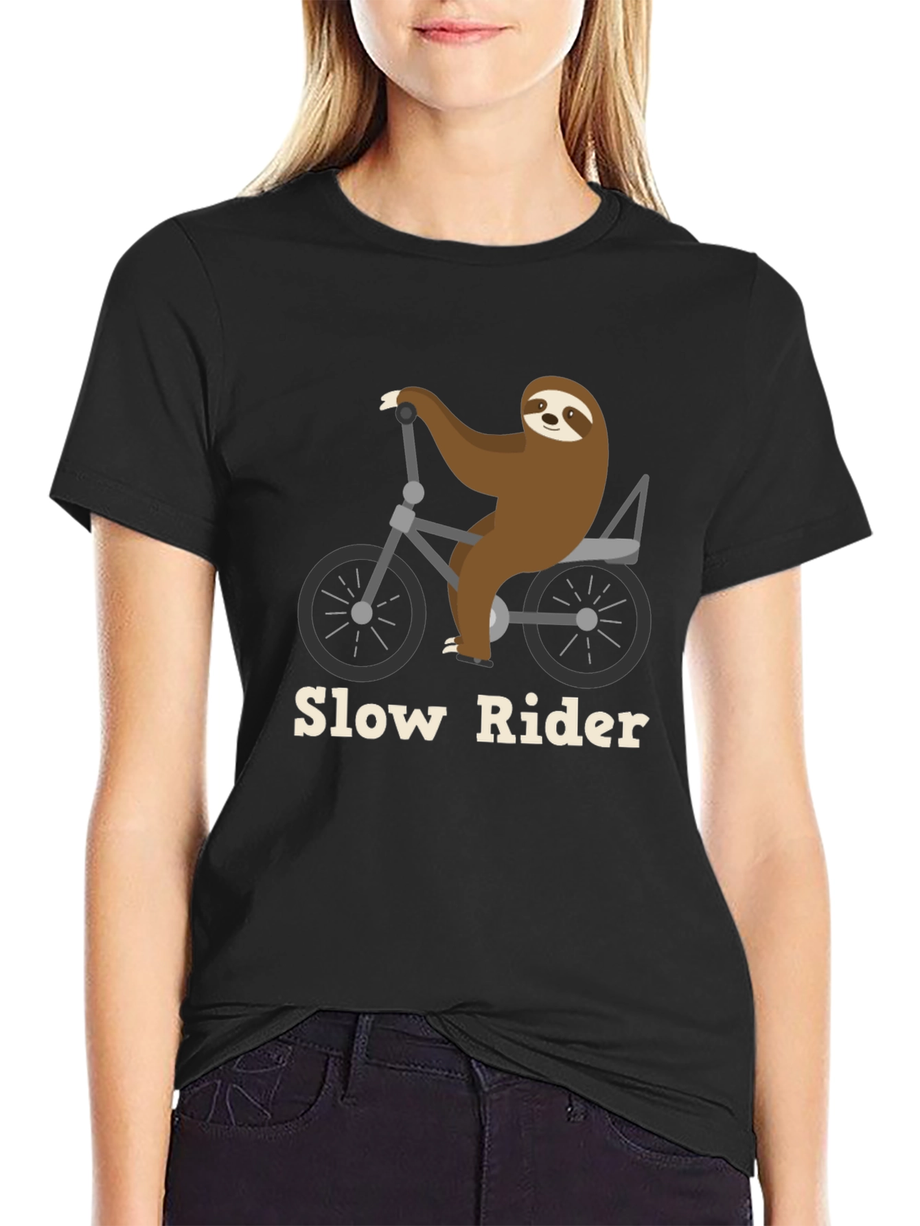 Slow Rider Sloth on Bike T-Shirt - Black