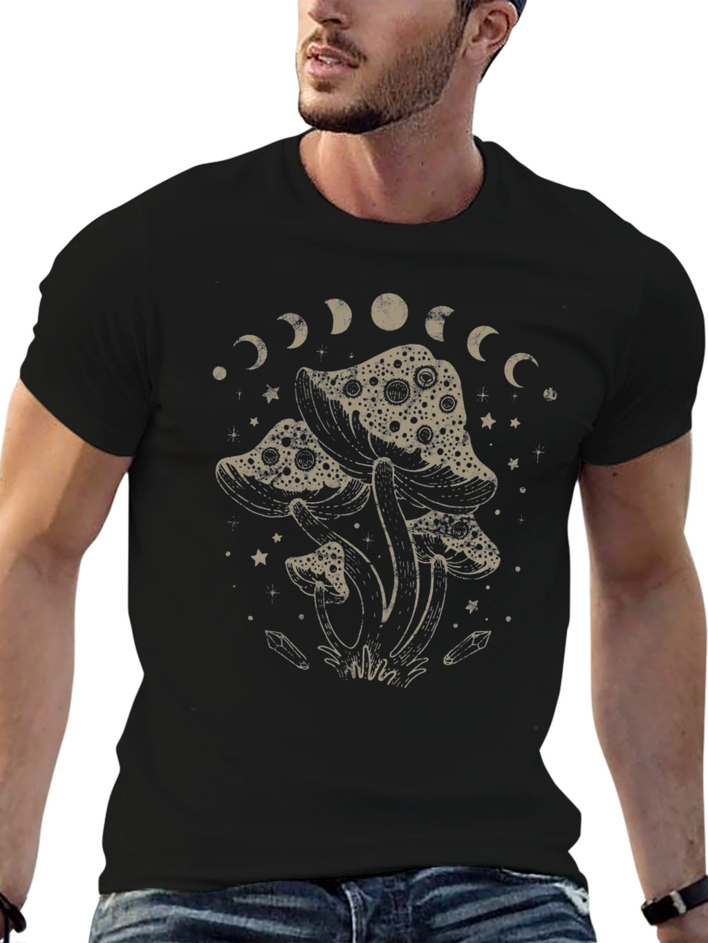 Mushroom Moon Phase Graphic T-Shirt - Black