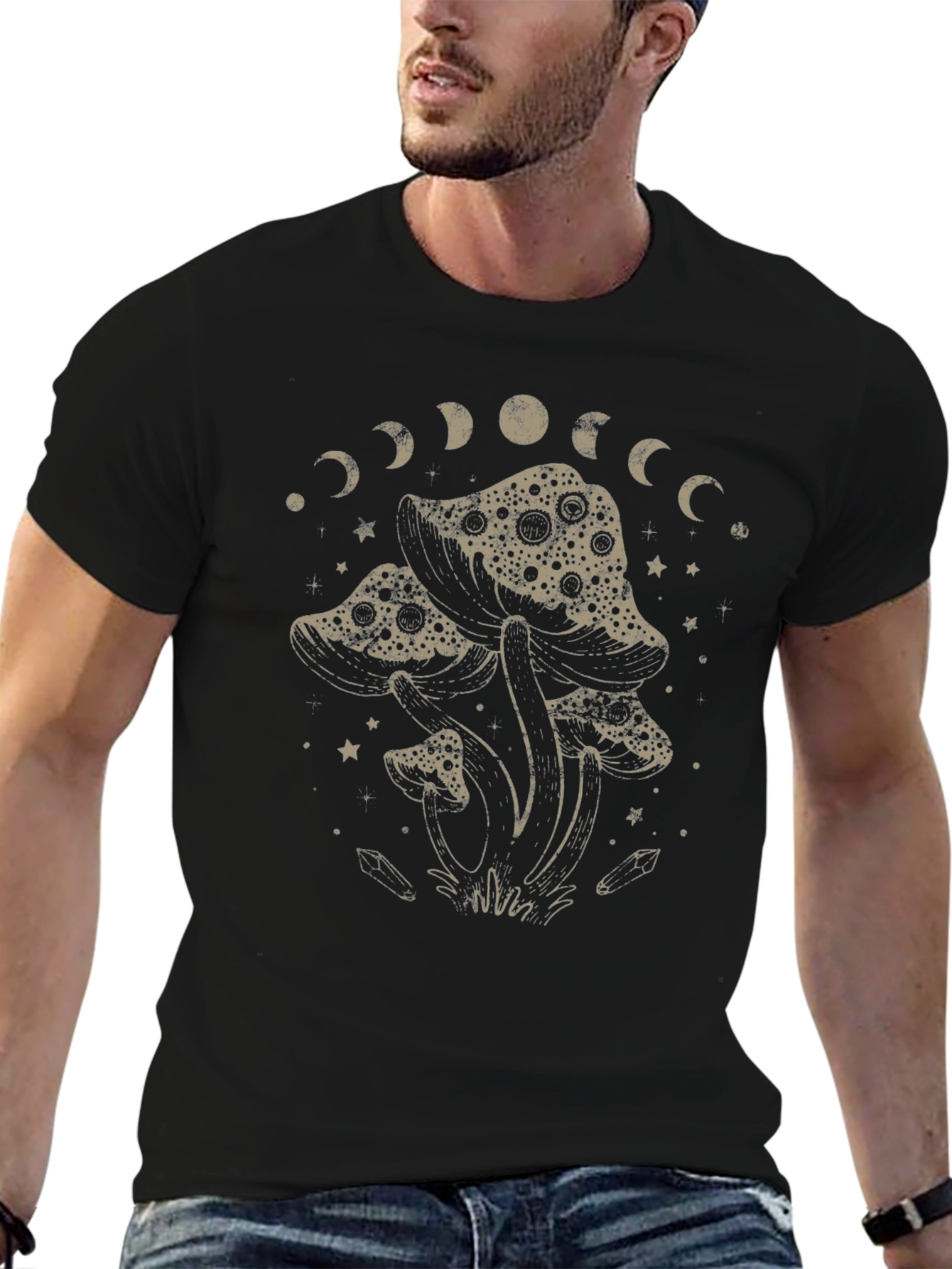 Mushroom Moon Phase Graphic T-Shirt - Black