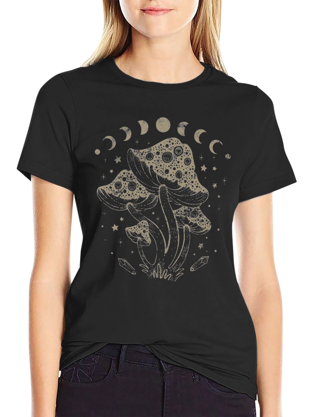 Mushroom Moon Phase Graphic T-Shirt - Black