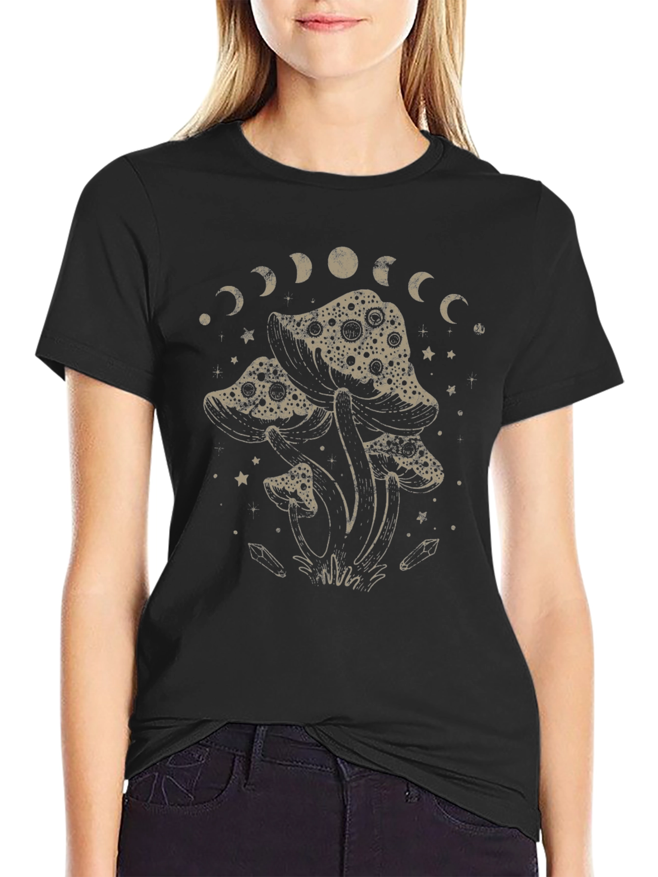 Mushroom Moon Phase Graphic T-Shirt - Black