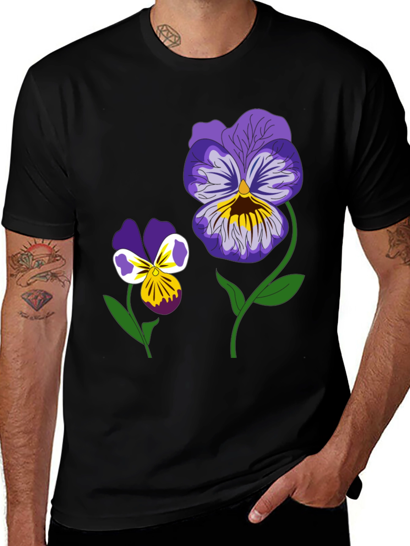 Floral Graphic T-Shirt - Pansy Design Black Tee