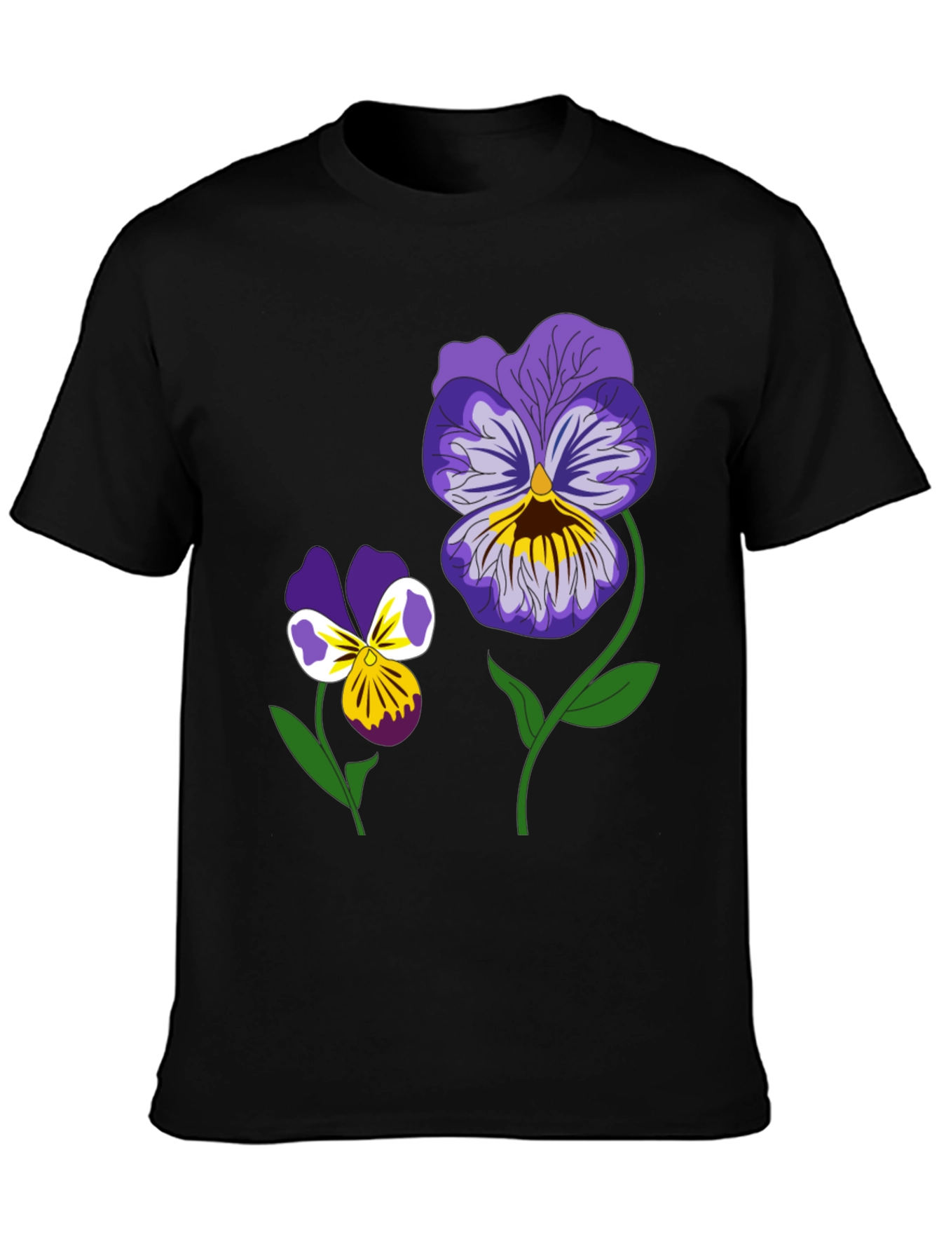 Floral Graphic T-Shirt - Pansy Design Black Tee