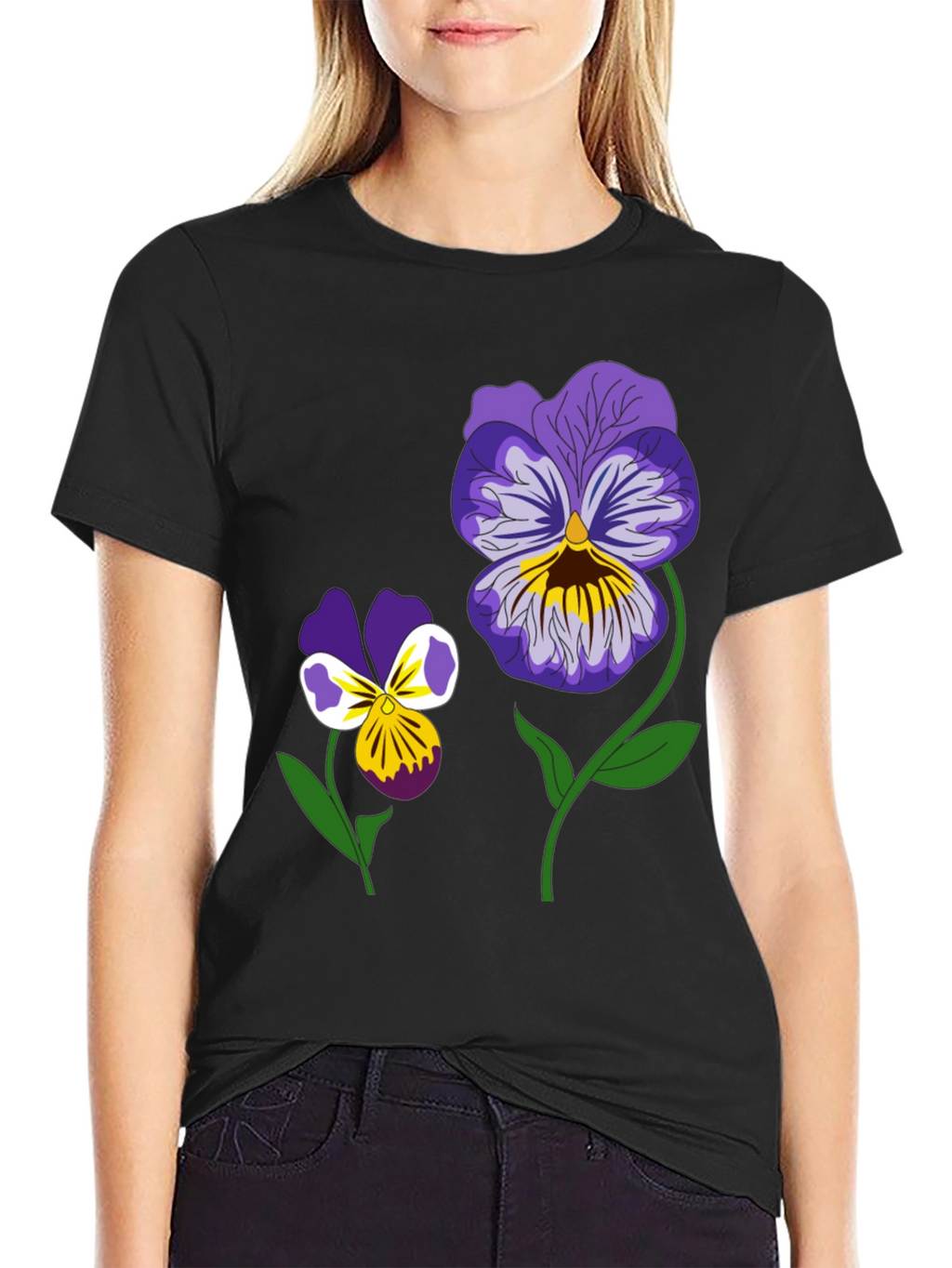 Floral Graphic T-Shirt - Pansy Design Black Tee